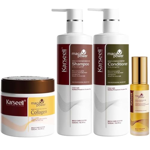 Karseell MACA CARE SYSTEM Pack Mascarilla Capilar Colágeno + Aceite de Argán + Champú Hidratante + Acondicionador Reparador Cabello Seco Dañado Teñido Rizado Encrespado Nutritivo Brillo Sin Sulfatos