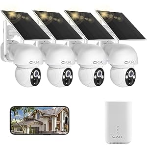 4MP PTZ Solar Security Camera Outdoor, 4pcs Wireless Security Camera System with 128GB Card, Pan/Tilt/Zoom, PIR Detection, 2-Way Audio, Audible Flashlight Alarm, IP66 Waterproof, Two Ways of Storage