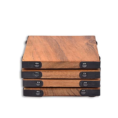 Samhita Acacia Wood Square Coasters Protection Tabletop,Countertop and Surfaces Size: 4" x 4", Set of 4 - Image 3