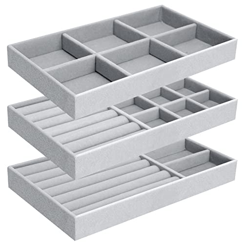 3 Stück Schmuck Tabletts Organizer, Stapelbar Schmuckkästchen Aufbewahrung Box für Ringe Ohrstecker Brosche Armband Kette Uhr Anhänger Ring...