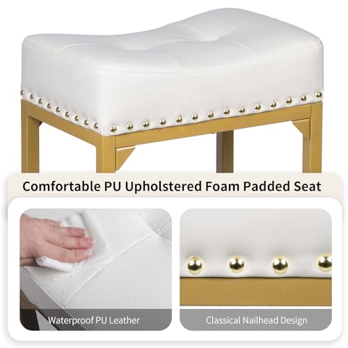Image of Bar Stools Set of 2, Counter Height Bar Stools for Kitchen Island, 24 Inch Modern White & Gold Saddle Backless Barstools, Counter Stool with Metal Base & Thick Saddle Seats(White+Gold)
