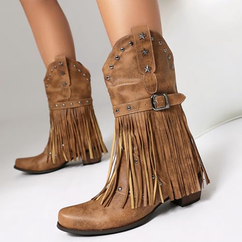 Women's Fringe Cowboy Boots Mid Calf Cowgirl Boots with Studded Pointed Toe and Chunky Heel Western Tassel Riding Boot3