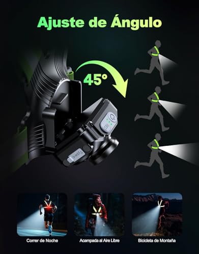 ISEYOU Luz para Correr, 500 Lúmenes Luz Running con LED Trasero Rojo, 6+2 Modos & Ajustable a 45°, Correas Reflectantes 360°, IPX4, USB-C Recargable Lámpara de Pecho para Caminar, Senderismo, Camping - imagen 5