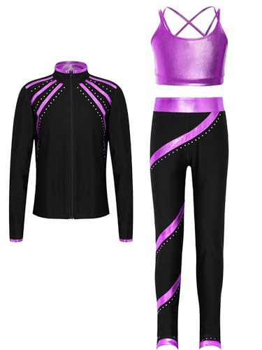 3 Pcs Kids Girls Sports Dance Suit Zipper Long Sleeve Jacket Metallic Sport Bra with Pants Tracksuit