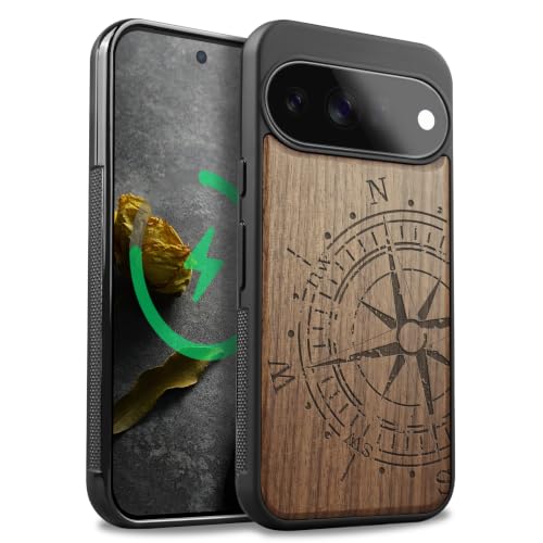Étui pour Pixel 11 en noyer véritable et gravure boussole