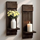 Candle Sconces Set of 2: Farmhouse Wall Candle Holder, Dark Brown Wood Wall Sconces Set of Two,Handmade Wooden Art Decor for Living Room, Dining Room, Bathroom, Bedroom, or Entryway, 15.7'x5'