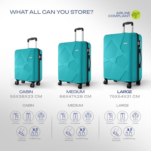 Image of Safari Pentagon Pro 8 Wheels Set of 3 (Cabin + Medium + Large) Trolley Bags, Hard Case Polypropylene, 360º Wheeling Luggage, Suitcase for Travel, Cyan, Spinner Wheels