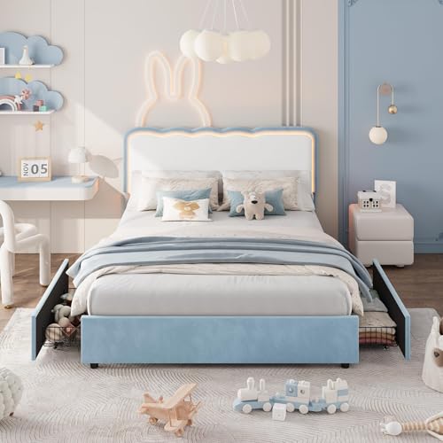 Image of Garvee Irregular Wave LED 2-Drawer Soft Upholstered Bed, Soft Padding