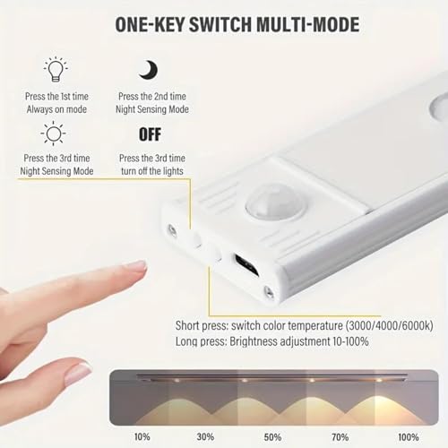 Image of Motion Sensor Under Cabinet Light, 40 cm,1200 mAh Battery, 3 Dimmable LED Color Modes (Warm /Neutral /Cool White), USB Rechargeable Closet Lamp Wireless Light (White)