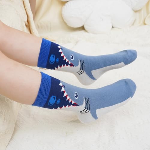 PUTUO Jungen Kinder Socken Kindersocken: Jungs Baumwolle Tiere Motiv Sneaker Socken - Bunt Witzig Lustige Sneakersocken Gestreift Strümpfe Größe 31-34 Hai-Muster 5 Paare
