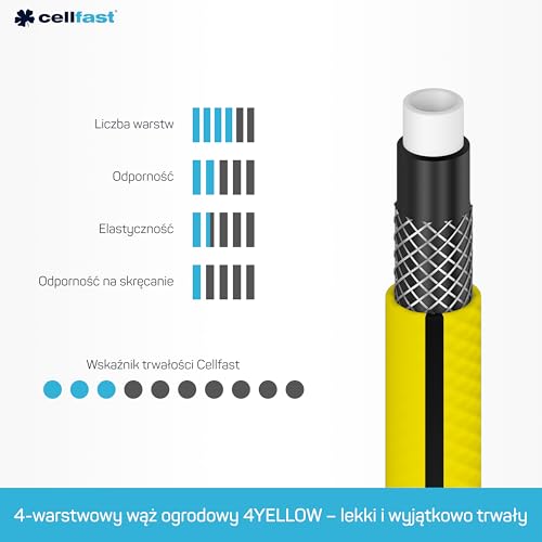 Cellfast Wąż Ogrodowy YELLOW, Lekki, Wytrzymały, 4-Warstwowy, Trwały Oplot Krzyżowy, Odporny na UV i Glony, odporność na