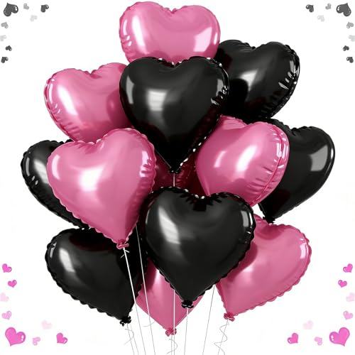 Ballon Coeur Rose Noir, 12pcs Forme de Coeur Ballons, Ballons en Aluminium Coeur Noir, Rose Ballon Coeur Helium pour Anniversaire, Mariage, Engagement, Douche...