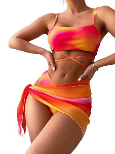 CAZEOUU Conjunto de bikini de 3 piezas para mujer, traje de baño naranja teñido anudado con falda de malla, traje de baño separable para mujer, Naranja, XL