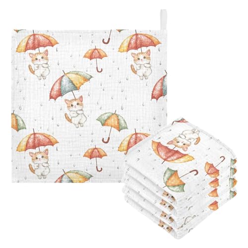 vvfelixl Baby Muslin Washcloths Kitten Hold Umbrella Baby Burp Cloths Cotton Babys Face Towel for Newborn Infants Boys Girls Soft and Absorbent 11.8 X 11.8 in, 3 Pack3