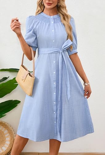 Women's Cotton Linen Midi Dress Button Down A Line Flowy Summer Holiday Long Dress with Belt4