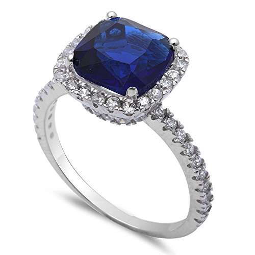 Oxford Diamond Co 3CT Cushion Cut Simulated Blue Sapphire & Cz .925 Sterling Silver Ring Size 8
