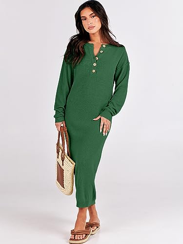 Image of ANRABESS Women Long Sleeve Button V Neck Oversized Casual Loose Fit Waffle Knit Fall Midi Sweater Dress 2026 Trendy Outfits