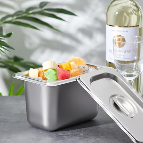 Image of Mifoci 6 Pack Stainless Steam Hotel Pan with Lid, 1 /9 Size x 4 Inch Deep Steam Table Pan Restaurant Supplies Reusable Anti Rust Catering Storage for Home, Party, Restaurant, Hotel, Buffet