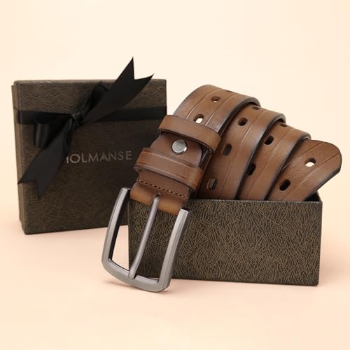 Image of Full Grain Leather Belt Men Multiple Holes Cover The Whole Strap Casual Jean Belt with High-end Gift Box Packaging