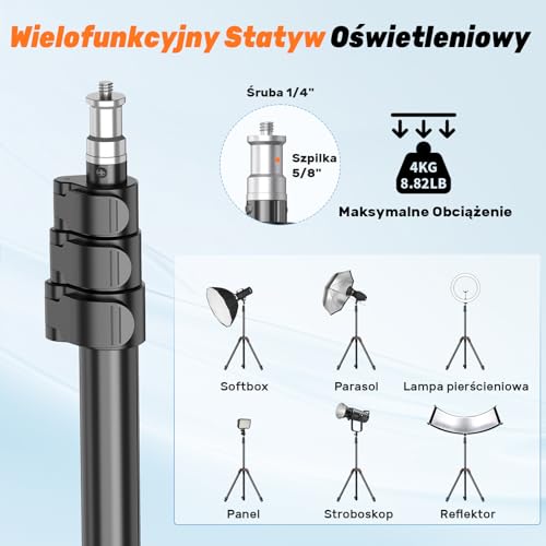 XXZU 210cm/83in Stojak na Światło z Głowicą Kulową, Statyw Fotograficzny Składany Statyw do Telefonu Statyw Oświetleniowy do Studia do Aparatu/Telefonu/Światła Stroboskopowego/Projektora/Softboxa