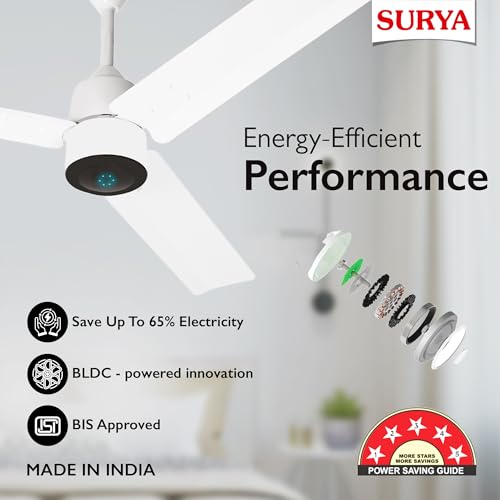 Image of Surya Roshni 1200mm Smart BLDC Ceiling Fan with Remote Control, 5-Star Energy Efficient Motor, LED Indicator, High Air Delivery & Low Noise Operation for Home and Office