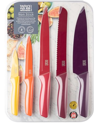 Taylors Eye Witness 5pc Coloured Kitchen Knife Set - Easy Clean, Non Stick Precision Ground Blades. Yellow Paring, Orange All-Purpose, Purple Chefs, Maroon Serrated Bread & Red Carving Knife