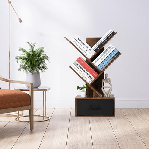 GlowSol Tree Bookshelf-4 Shelf Bookcase with Drawer, Free Standing Tree Bookcase, Utility Storage Rack for CDs Movies Book, Retro Book Storage Shelves for Living Room, Bedroom,Home, Office
