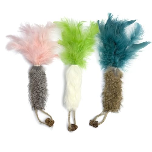 ZAYLUMO 3-Pack Rabbit Fur Catnip Toys with Feathers