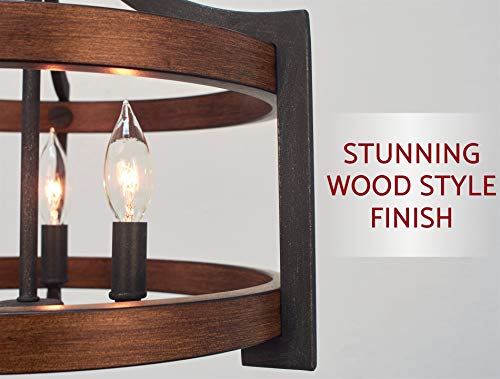 Kira Home Woodrow 15" 3-Light Industrial Farmhouse Semi Flush Convertible Pendant Light + Wood Style Metal Drum Shade, Textured Black + Walnut Style Finish #TOP3