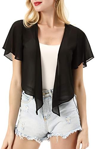 Kate Kasin Women Short Sleeve Shrugs Sheer Open Front Bolero Cropped Cardigan M Black