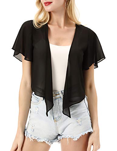 Women Short Sleeve Black Shrug Sheer Open Front Bolero Cardigan M