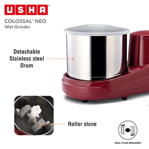 Image of USHA Colossal Neo 2 litres Table-Top Wet Grinder, 150W 100% Copper Motor, Dual Stones, Stainless Steel Drum, 10 Years Warranty on Motor, Free Home Service (Cherry Red)