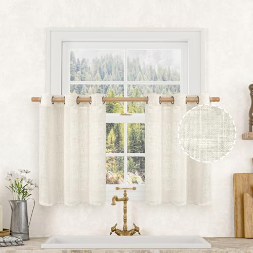LAMIT 30 Inch Cafe Linen Curtains for Small Window, Cream Ivory Semi Sheer Light Filtering Short...