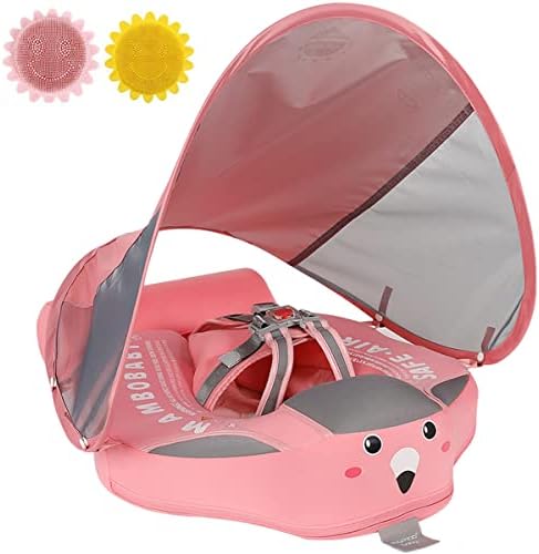 Mambobaby Baby Pool Float with Canopy,Non Inflatable Baby Swim Float,Upgrade Soft Skin-Friendly Material Infant Pool Float with UPF 50+ UV Sun Protection Canopy (Pink)