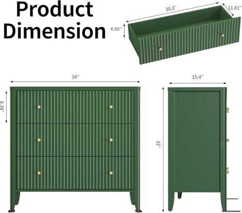 Image of Fatmok Fluted 3 Drawer Dresser for Bedroom Set of 3, 34 inch Wide Chest of Drawers, Modern Wood Nightstand End Table with Metal Handles, Striped Storage Cabinet for Living Room, Hallway,Green