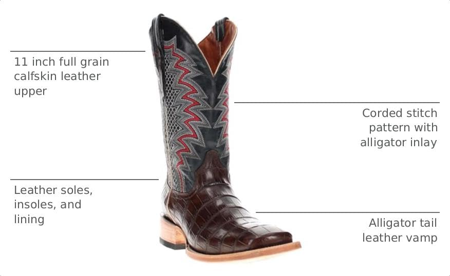 Image of Vaccari Men's Navarro Genuine Alligator Tail Leather Broad Square Toe Cowboy Boots