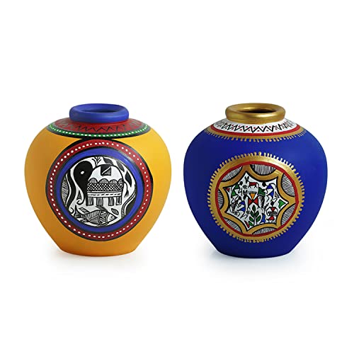 Image of ExclusiveLane Madhubani & Warli Terracotta Vases for Home Decor Flower Vase for Living Room (Set of 2, Blue, Yellow) | Terracotta Flower Vases for Home Decoration Items Vases for Dining Table