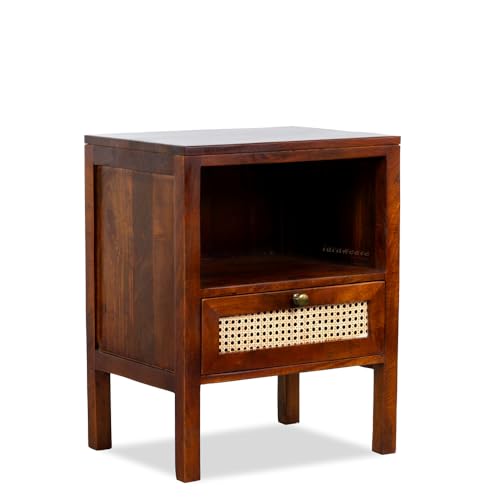 Image of Wooden Bedside Table for Bedroom with Drawers | Solid Wood Safor Rattan Bed Side Table with Drawers | Side Table for Living Room | Traditional Rajasthani Art Chest of Drawer for Home (Teak)