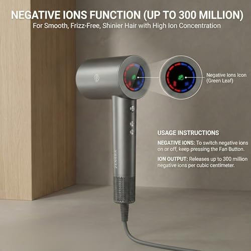 Image of Ionic Hair Dryer, 300 Million Negative Ions For Frizz Free and Breakage Free Hair, Auto Cleaning With 110,000 RPM Brushless Motor,54 dB Quiet Operation, 3 Temperature Settings, Fast Drying for All Hair Types