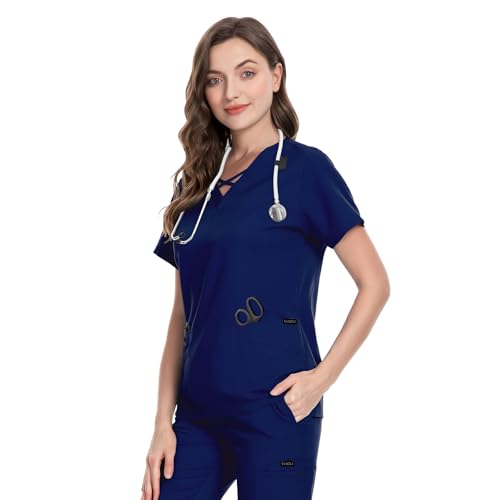 Image of VIAOLI Scrubs for Women Set Modern V-Neck Top & 8 Pocket Jogger Pants Nursing Uniform Solid Stretch Workwear