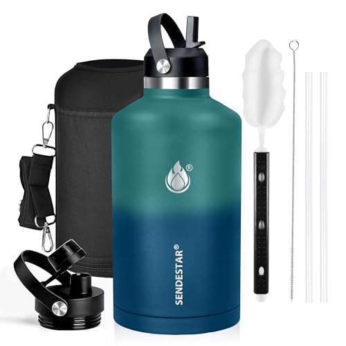 Image of One Gallon Insulated Water Bottle, Triple Wall 128 oz Stainless Steel Wide Mouth Water Bottles (Cold for 48 Hrs), Leak Proof, Non-BPA, Large Water Flask Jug with Paracord Handle & Straw Spout Lids