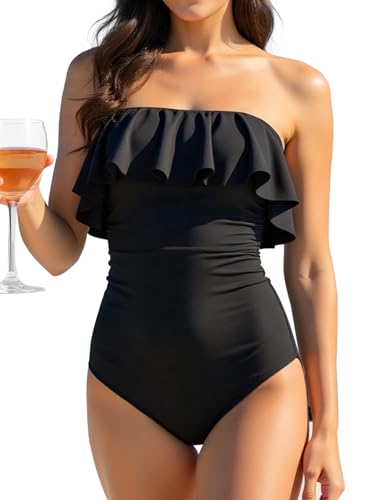Smismivo Strapless One Piece Swimsuit Women Tummy Control Bandeau Bathing Suit Ruffle Slimming Swimwear Flounce Swim Suits
