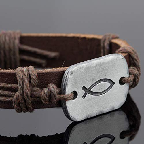 Men's Wrap Bracelet Pu Leather Sign Of The Fish Charm, Confirmation Easter Gifts For Teenage Boys, Men (Brown Fish) #TOP6