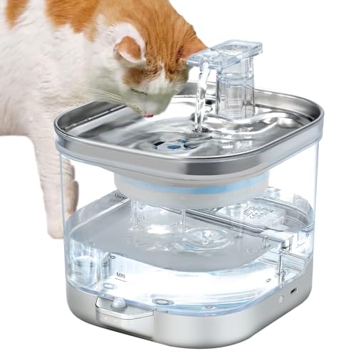 Spofan Cat Water Fountain Battery Operated, 2L Ultra Quiet Pet Drinking Fountain with Senor, Wireless Pump, 5000mAh Battery, Separate Base, Stainless Steel Tray, 3 Filters, BPA-Free for Cats, Dogs