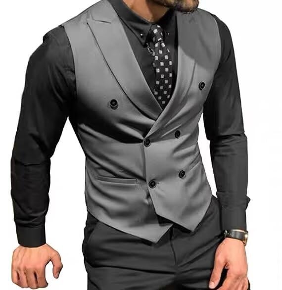 Ceehuteey Mens Double Breasted Vest Shawl Lapel Formal Wasitcoat Slim Fit4