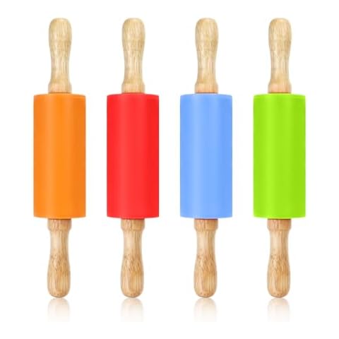 Faxco 4 Pack Mini Rolling Pin for Kids, 9 Inch Wooden Handle Rolling Pin Non-Stick Silicone Rolling Pins for Children Cake Baking Cover