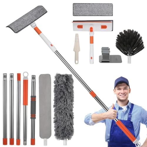 Window Cleaning Squeegee, Window Squeegee Extendable, Window Cleaning Kit with Window Cleaning Pole Include 5 Cleaning Heads & 1 Sticky Hook, Extendable to 235cm Window Cleaning Tools