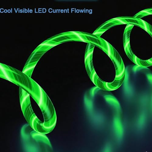 Image of AYI 6 in 1 USB LED Charging Cable, 39in Dynamic Flowing Light Cord, Flexible PVC Tangle-Free Wire, Smart Chip with Trickle Charge, Universal Data Sync Cable for Phones, Tablets, and More, Green.