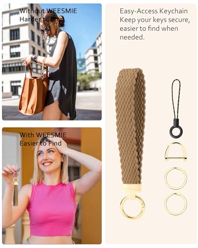 Image of WEESMILE Keychain Wristlet, Stretchy Key Chain for Car Keys with 2 Keyrings and D ring, Cute Wrist Lanyard for Women Men