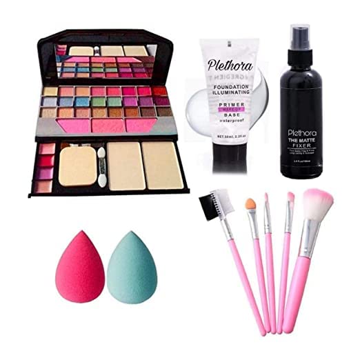 ClubBeauty Makeup Eyeshdow Palette + 5 Pcs Makeup Brush + 2 Pc Beauty Blender Puff With Makeup Fixer For Makeup Base Face Primer For Long Lasting Makeup (Pack of 5)
